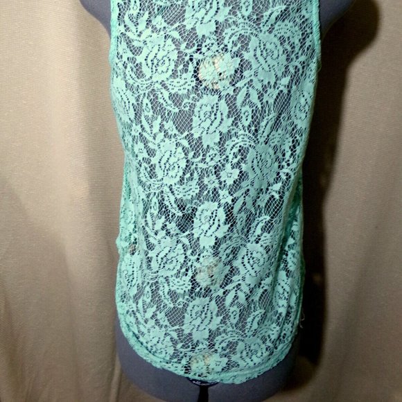 FREEZE Flag Crochet Lace trim Tank Top Jr. L Mint Green Sheer back Scoop neck - Picture 5 of 6